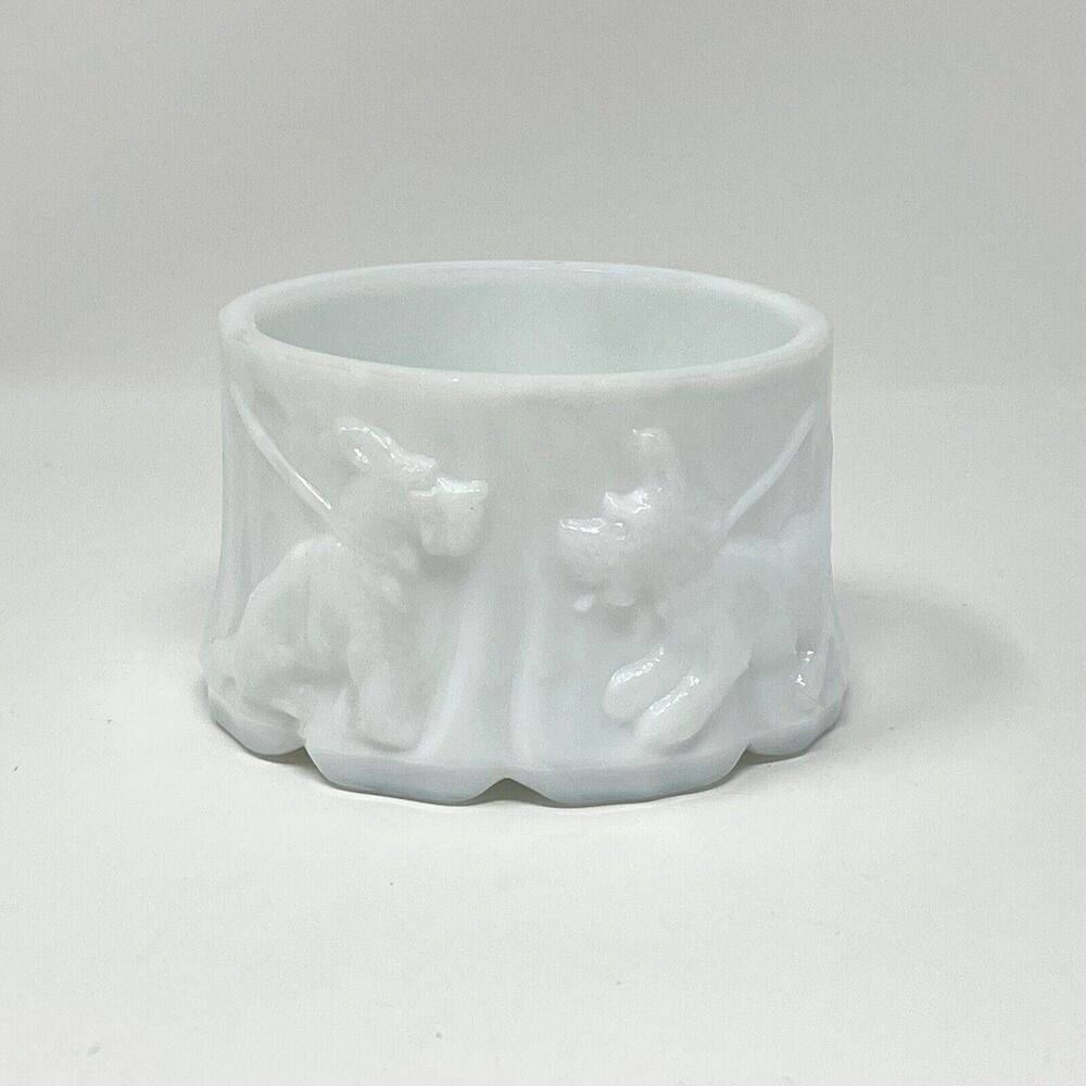 Vintage Akro Agate Powder Dish White Scotty Dogs Milk Glass Bowl Trinket 3.5”
